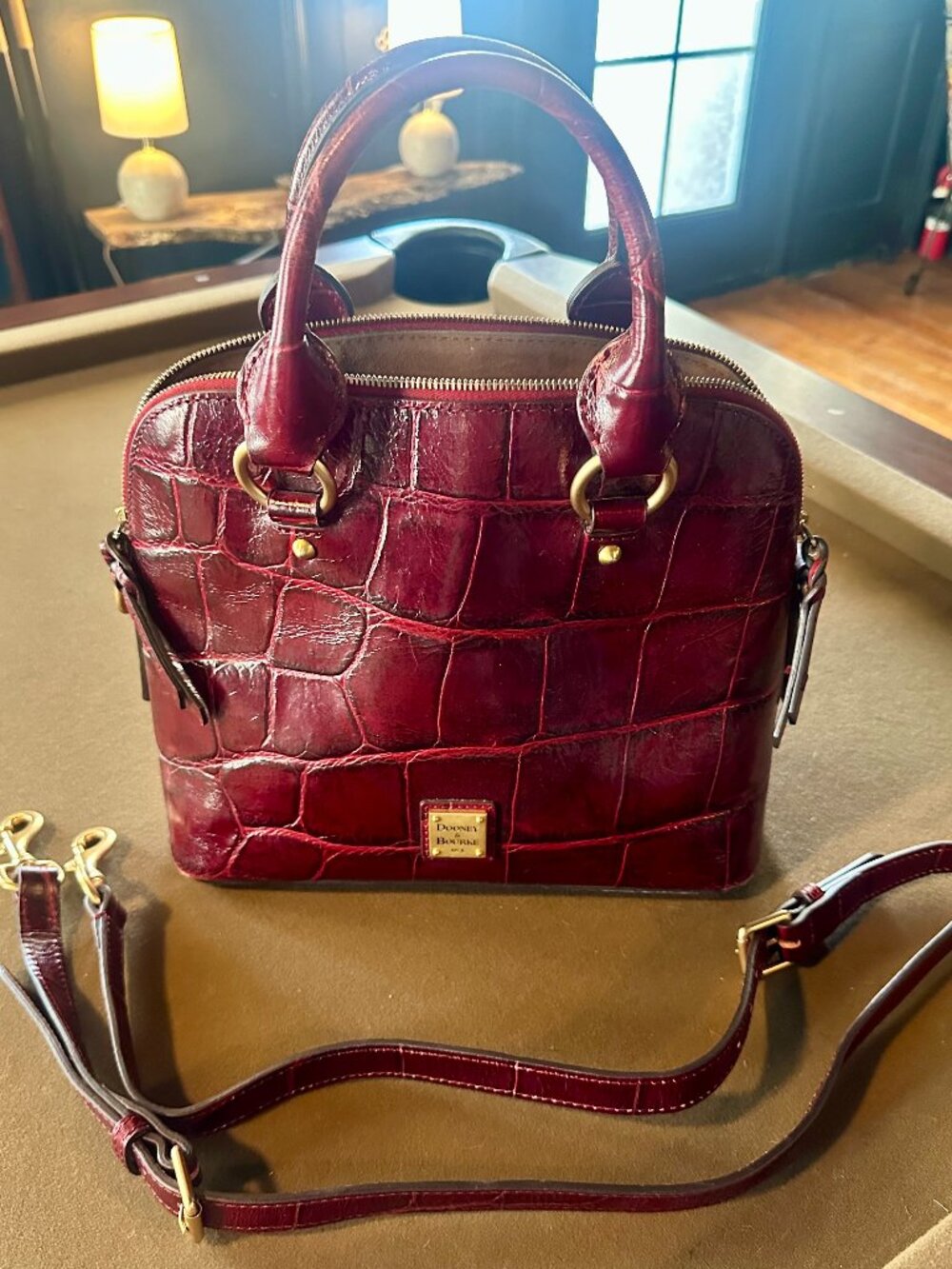 Dooney & Bourke Denison Croco Embossed Leather Zip Zip Satchel Bordeaux / Burgun